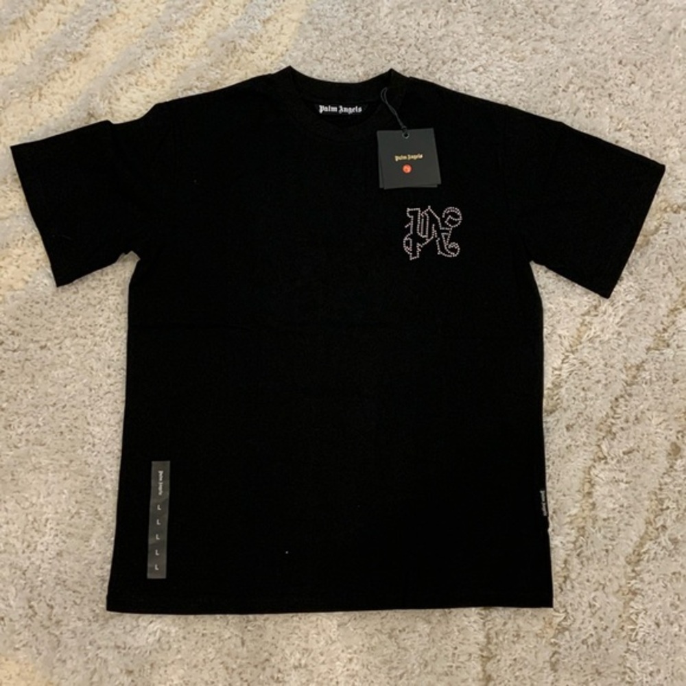 Palm Angels PA Rhinestones Logo Black T-Shirt Mens Size Large